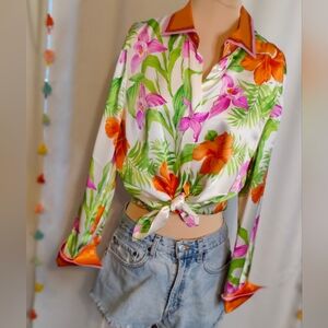 Bold Silk 80s scarf print Hawaiian Floral Blouse French Cuffs Maximalist Chic M